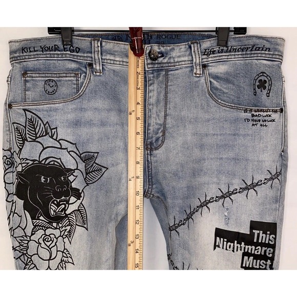 Ninth Hall Rogue Men's Skinny Jeans Graphic Print Lt Wash Sz 38x34 Gothic grunge - Picture 6 of 9